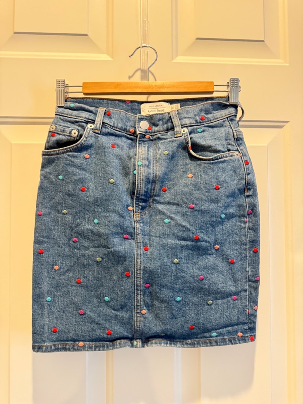 & Other Stories Blue Denim Mini Skirt with Multicolor Pom Dots